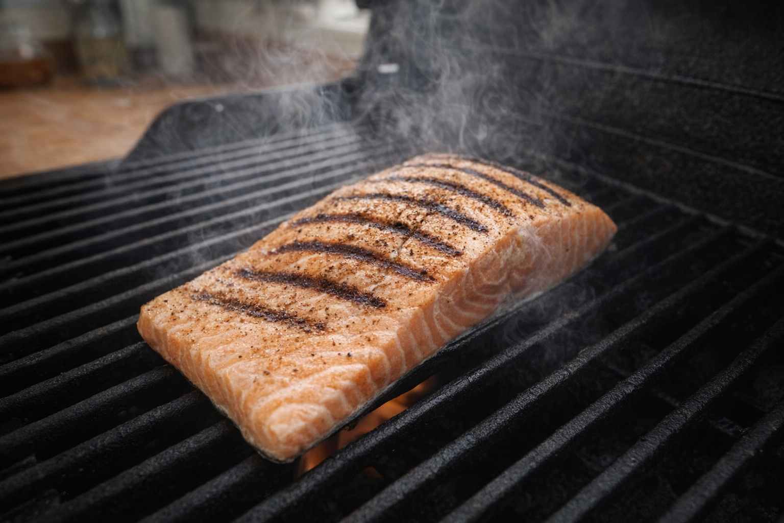 Salmon fillet cooking on a grill, skin side down, with visible grill marks and steam rising, shot from above